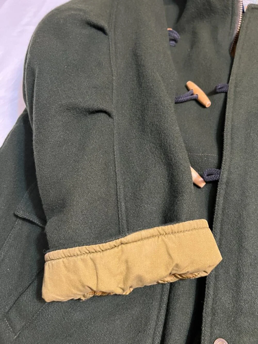 Vintage Boat Works Wool Toggle Coat Green Quilted Lining Hooded Jacket Men's L